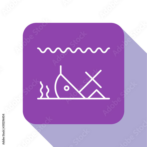 White line Sunken ship at the bottom of the sea icon isolated on white background. Purple square button. Vector Illustration