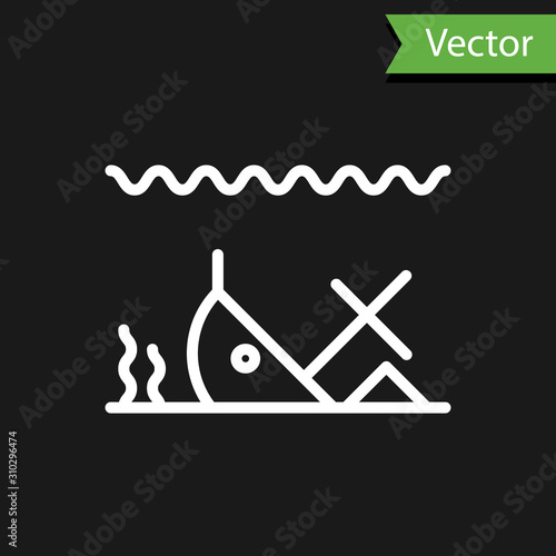 White line Sunken ship at the bottom of the sea icon isolated on black background. Vector Illustration