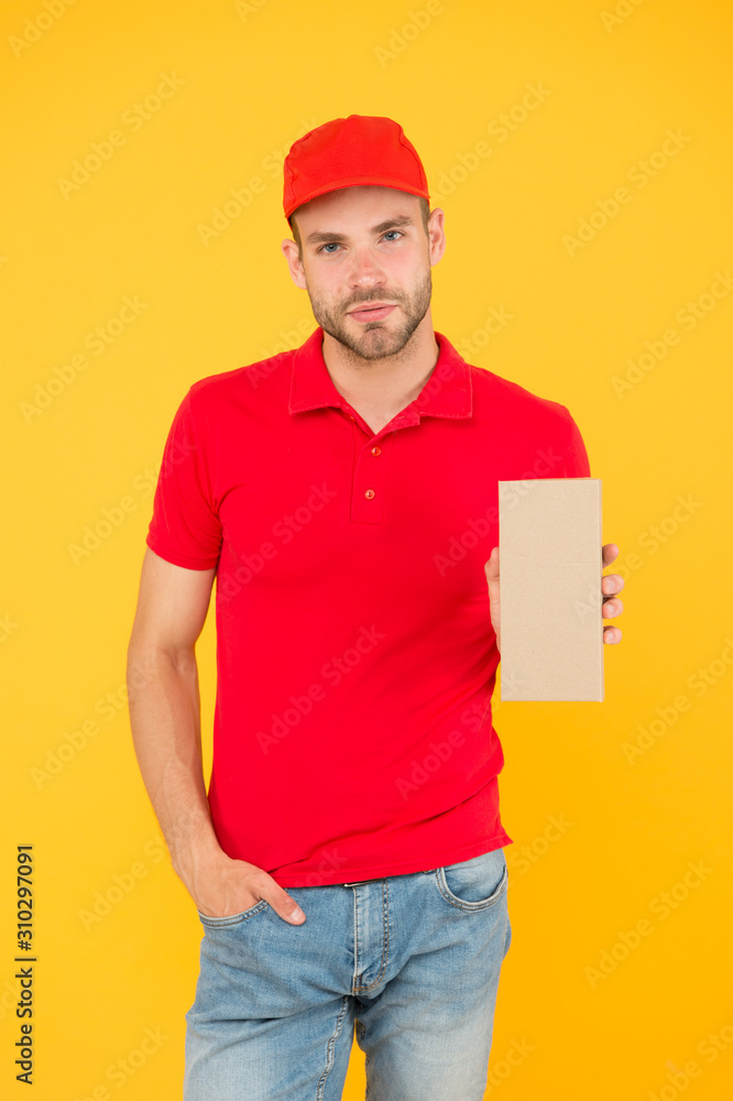 guy cashier uniform. cafe staff wanted. man delivery service in red tshirt and cap. friendly shop assistant. food order deliveryman. Free cashier. Hiring shop store worker. Package customer purchase