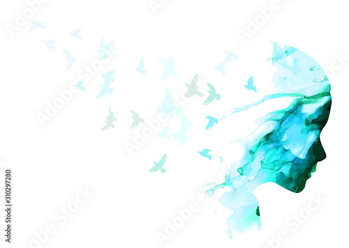 Watercolor silhouette girl portrait with flying birds. Mixed media. Vector illustration