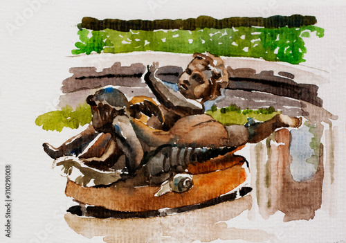 Two small bronze angels playing with shell in main fountain of Trianon palace, Paris, France, original watercolor illustration photo