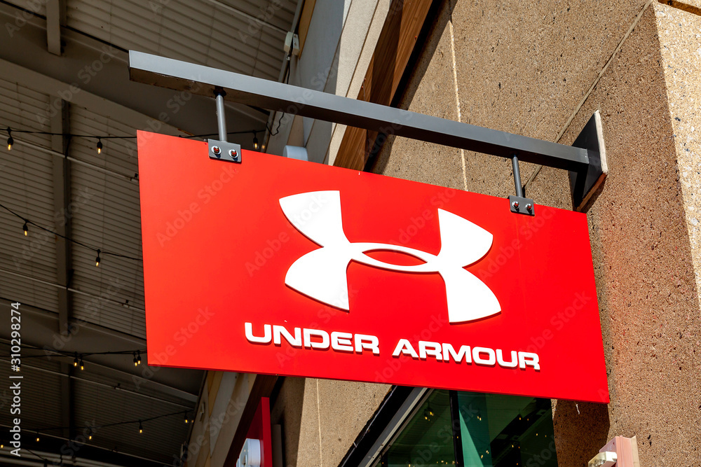 General view of Under Armour store sign on September 10, 2019 in Niagara  Falls, Ontario, Canada. Stock Photo | Adobe Stock