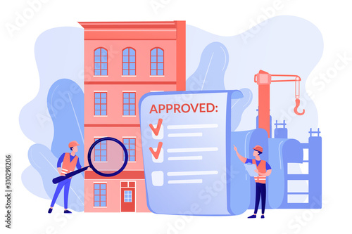 Architectural project approval, safety check. Construction quality control, construction quality management, hire your quality technician abstract concept. Vector metaphor abstract illustration.