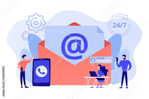 Email marketing, Internet chatting, 24 hours support. Get in touch, initiate contact, contact us, feedback online form, talk to customers concept. Pink coral blue vector isolated illustration
