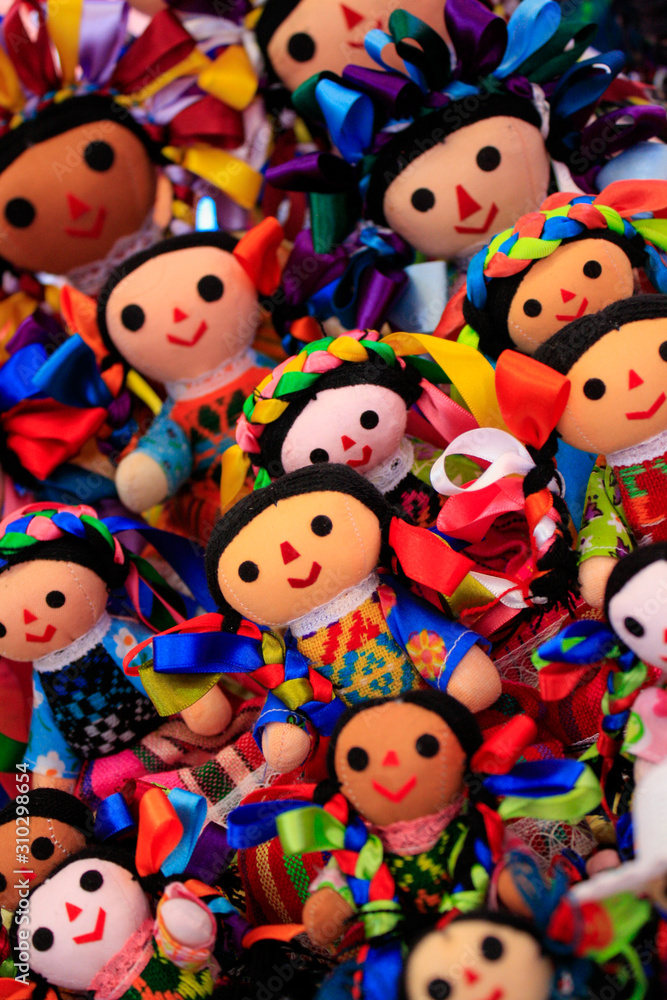Queretaro, Mexico - Dic 2017 The dolls are made of cloth and are dressed similar to the traditional dress of Mazahua women, an indigenous group found in the State of Mexico and Michoacán.