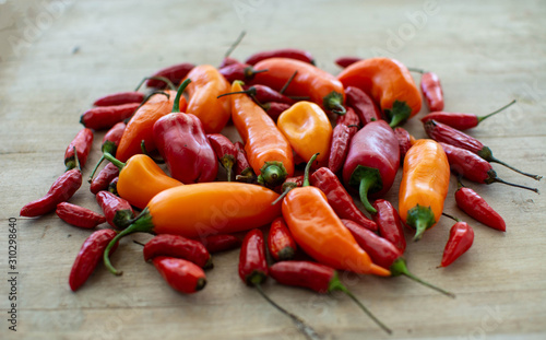 red hot chili peppers on wooden background