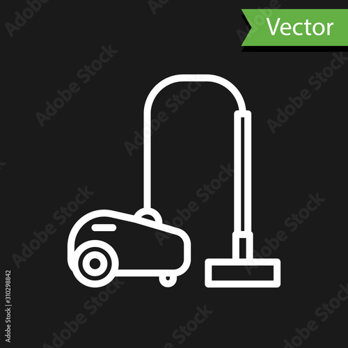 White line Vacuum cleaner icon isolated on black background. Vector Illustration