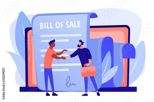 Document for purchase. Customer and purchaser deal. Buying contract. Bill of sale, written selling document, execution of a sales contract concept. Pink coral blue vector isolated illustration