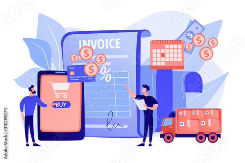 Online shopping application, delivery service, transportation business. Prepayment terms, payment in advance, cash in advance conditions concept. Pink coral blue vector isolated illustration