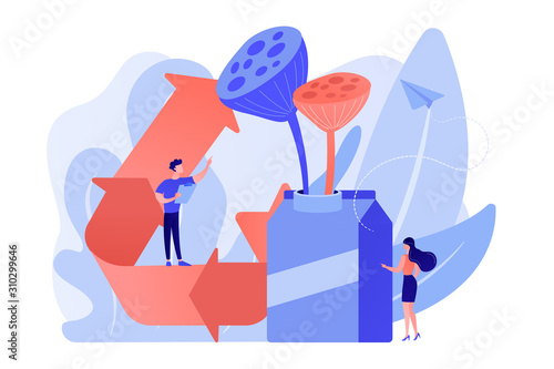 Business people reuse milk carton as vase creatively and upcycling symbol. Upcycling, creative reuse method, ecology recycling trend concept. Pinkish coral bluevector isolated illustration