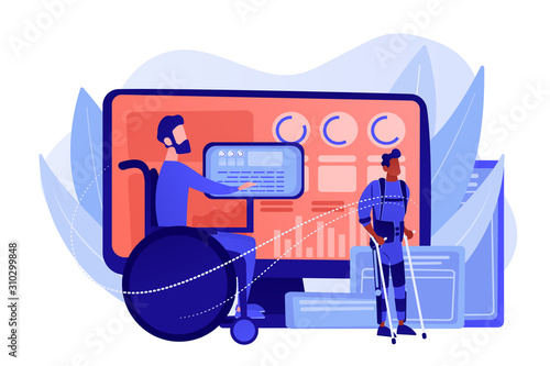 Handicapped man in wheelchair. Injured character rehabilitation. Assistive technology, devices for disabled people, adopted technologies concept. Pinkish coral bluevector isolated illustration