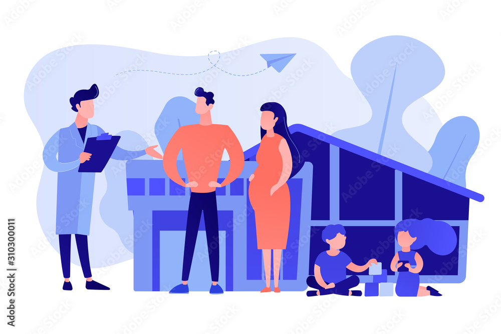 Family phisician with husband, pregnant wife and playing children. Family doctor, medical family practice, primary healthcare care concept. Pinkish coral bluevector vector isolated illustration