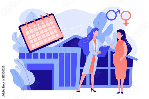 Doctor provides health services to pregnant woman and during labour. Maternity services, maternal perinatal health, pregnancy and birth care concept. Pinkish coral bluevector vector isolated