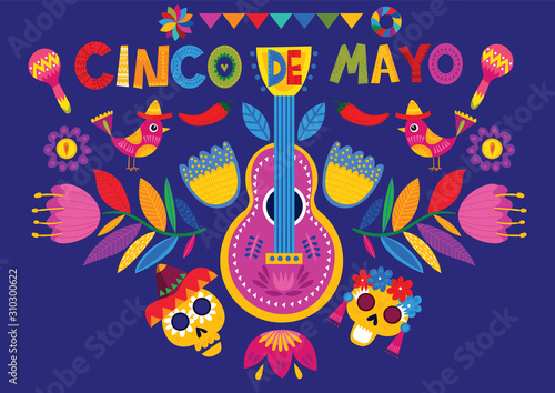 Mexican holiday 5 may Cinco De Mayo. Mexican Holiday banner, poster and party invitation design with traditional Mexican guitar, symbols, skull and flowers