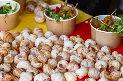 snails at the counter of the street food festival