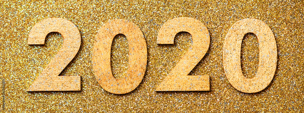 Glitter textured gold party web banner, background of 2020 numbers, happy new year with copy space