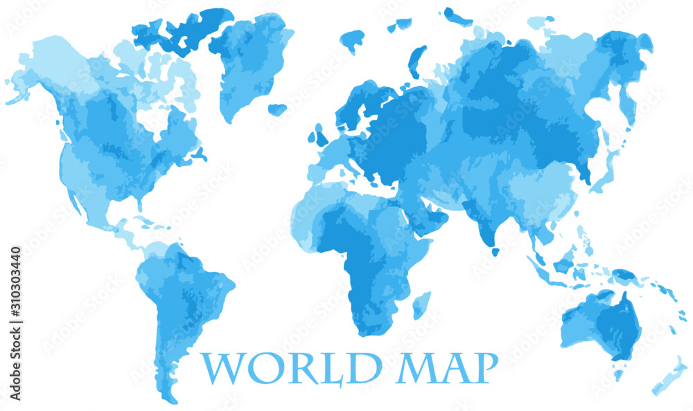 Fototapeta premium Akwarela ilustracji wektorowych mapy globalnej retro vintage świata, malowane niebieskim tuszem