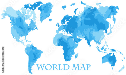Vector watercolor illustration of retro vintage world global map painted in blue ink