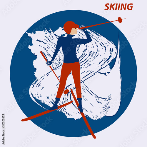 Skier, pretty girl - round icon, grunge style, abstraction - isolated on white background - flat style - vector. Lifestyle. Winter sport
