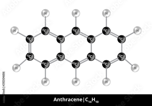 Vector ball-and-stick model of chemical substance. Icon of anthracene molecule C14H10 consisting of carbon and hydrogen. Structural polycyclic aromatic formula suitable for education isolated on white photo