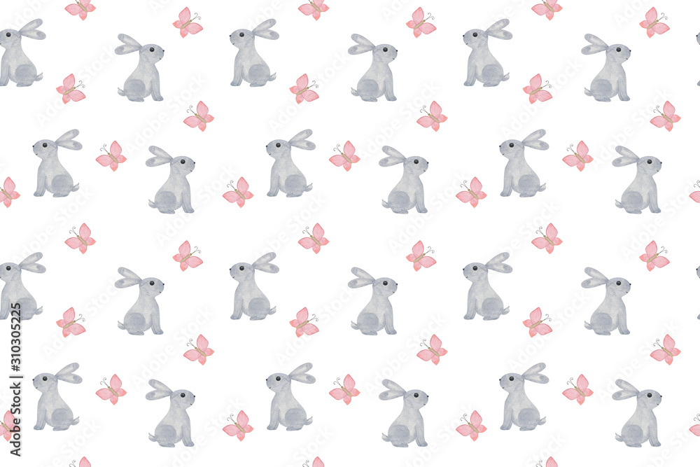 A repeat pattern, a lovely hand drawn illustration of a cute little grey Easter bunny and pink butterflies