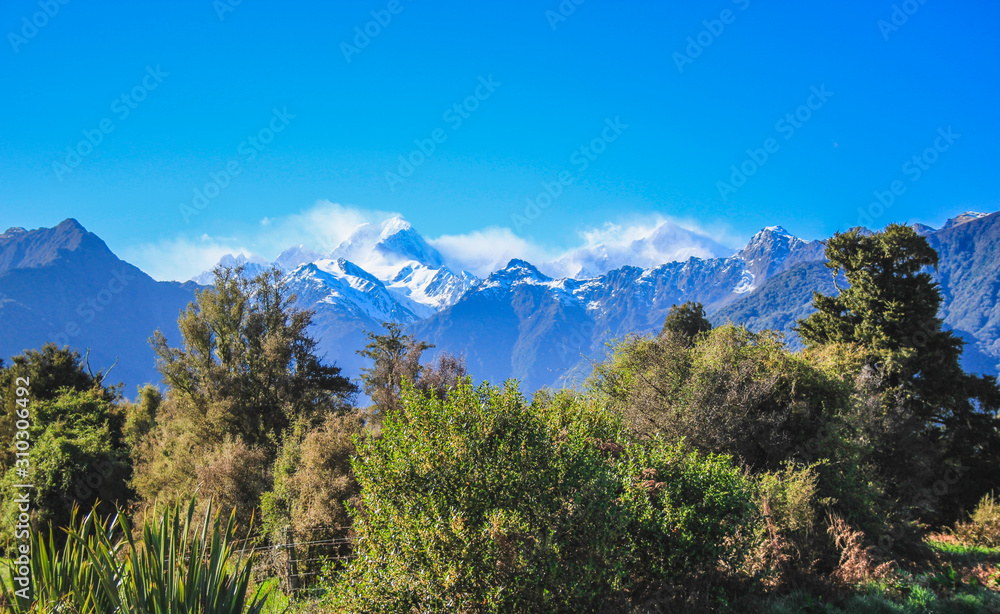 View of Southern Alps from Lake Matheson, South Island, New Zealand