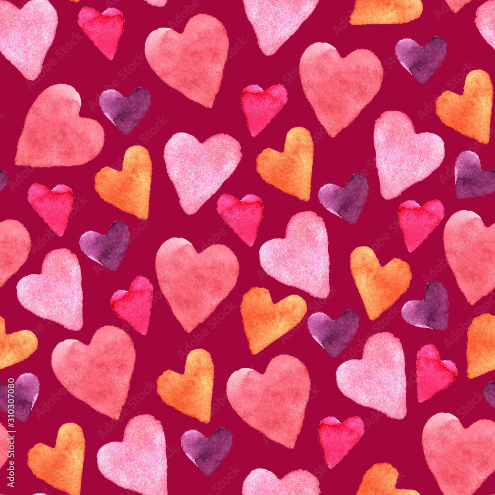 Seamless pattern with hand-drawn watercolor hearts on a cherry background. Valentine's day texture for design of wrapping paper, postcards, fabric and other souvenir products Seamless pattern with hand-drawn watercolor hearts on a cherry background. Valentine's day texture for design of wrapping paper, postcards, fabric and other souvenir products