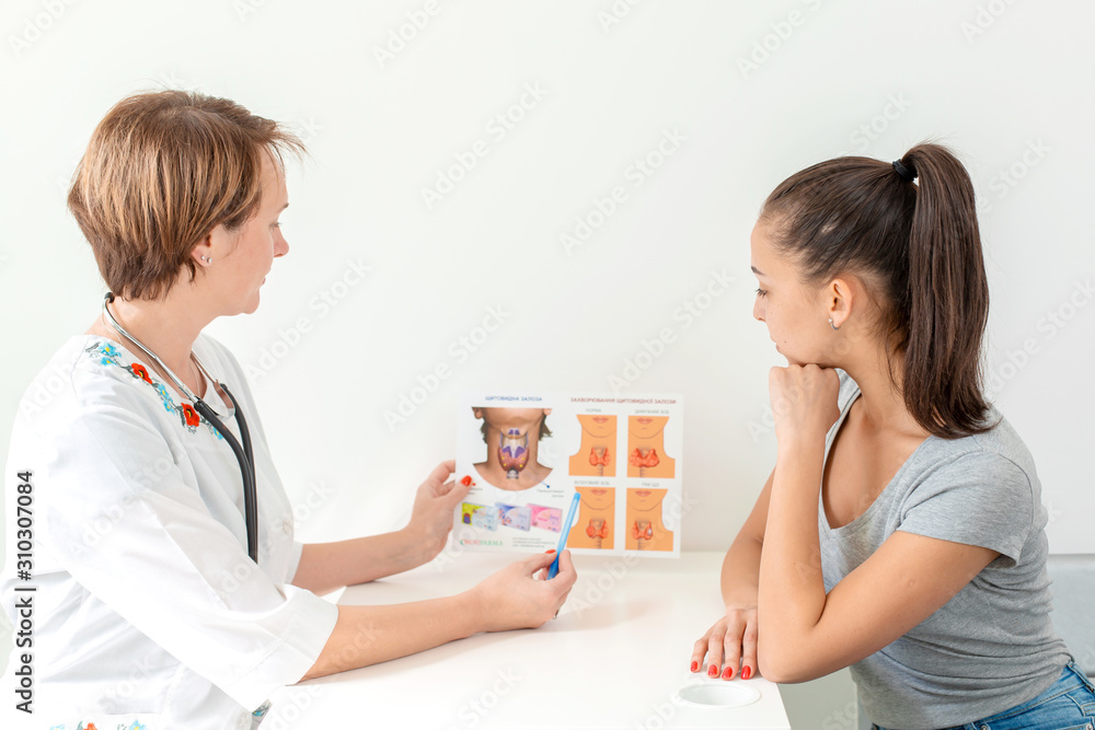 the doctor shows the patient a brochure about the thyroid gland and its functions the doctor shows the patient a brochure about the thyroid gland and its functions