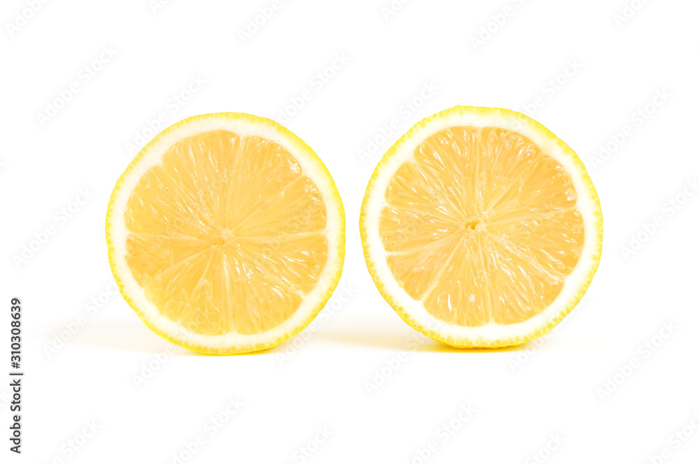 Lemon slice on white background. Lemon circle shape. Half sliced lemon. Lemon slice on white background. Lemon circle shape. Half sliced lemon.