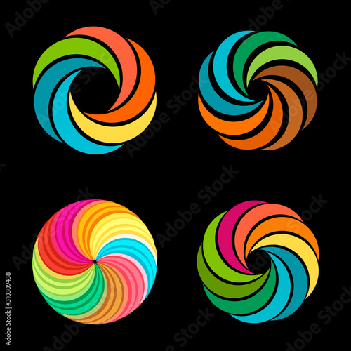 Abstract vector spiral tornado set of logos. Designed collection of photo signs. Colorful graphic flowers. Summer sun images. Sliced fruit. Warm colors.