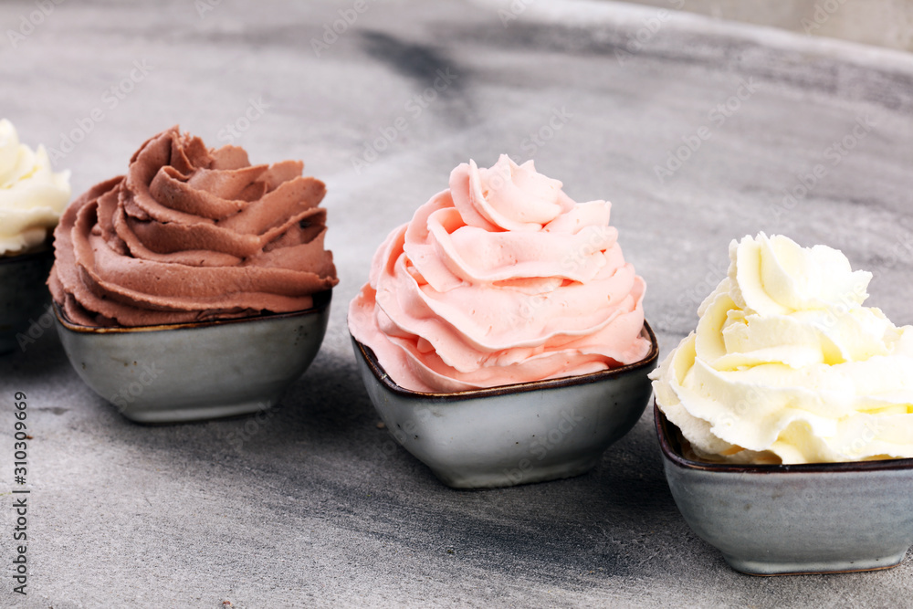 soft ice cream in flavor vanilla, chocolate and strawberry. Delicous creamy refreshing ice cream soft ice cream in flavor vanilla, chocolate and strawberry. Delicous creamy refreshing ice cream