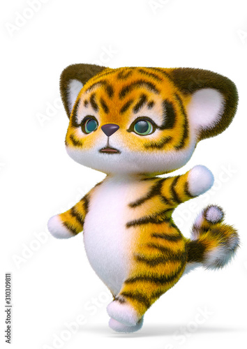 cute tiger cartoon passing by in white background