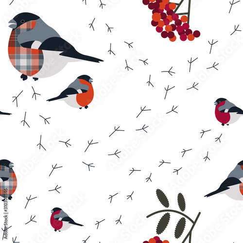 Fototapete Seamless bullfinch and robin birds pattern with rowanberry on a white background for wallpaper, backdrop, textile