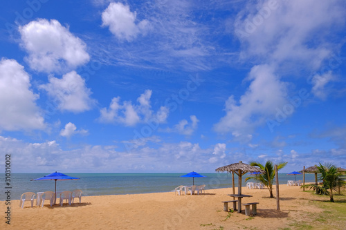 Fototapeta Naklejka Na Ścianę i Meble -  Beautiful sandy beach Praia Do Mutari Brava with beach chairs and umbrellas, Santa Cruz Cabralia, Coroa Vermelha, Porto Seguro, Bahia, Brazil