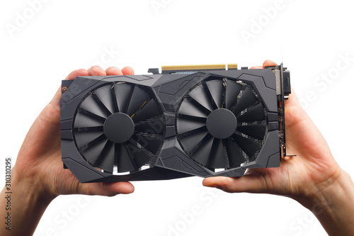 gpu video card in hands, isolated on white photo