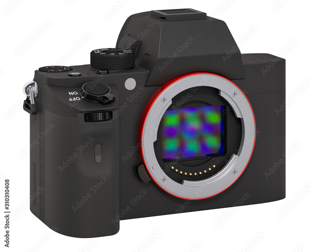 Full frame mirrorless interchangeable-lens digital camera, body. 3D rendering Full frame mirrorless interchangeable-lens digital camera, body. 3D rendering