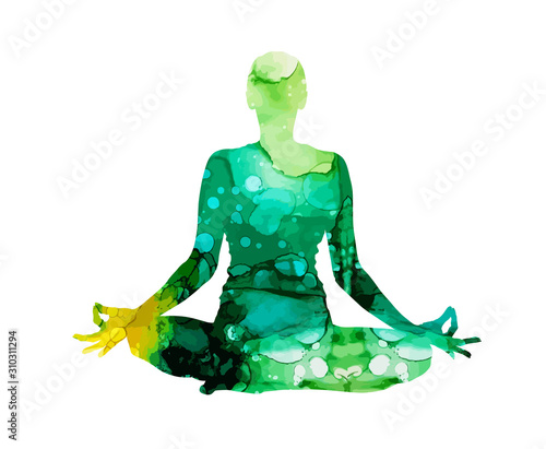 girl in lotus position. Yoga watercolor silhouette. Abstract vector illustration.
