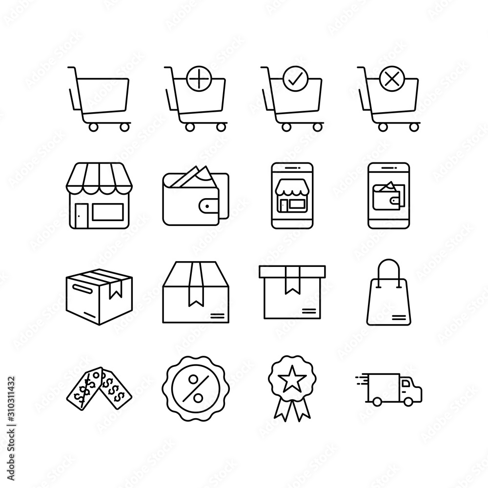 E-commerce and shopping line icons set vector illustration. Mobile Shop, Digital marketing, Gifts, cart list, online store, wallet, package, sale, star seller, and more. E-commerce and shopping line icons set vector illustration. Mobile Shop, Digital marketing, Gifts, cart list, online store, wallet, package, sale, star seller, and more.