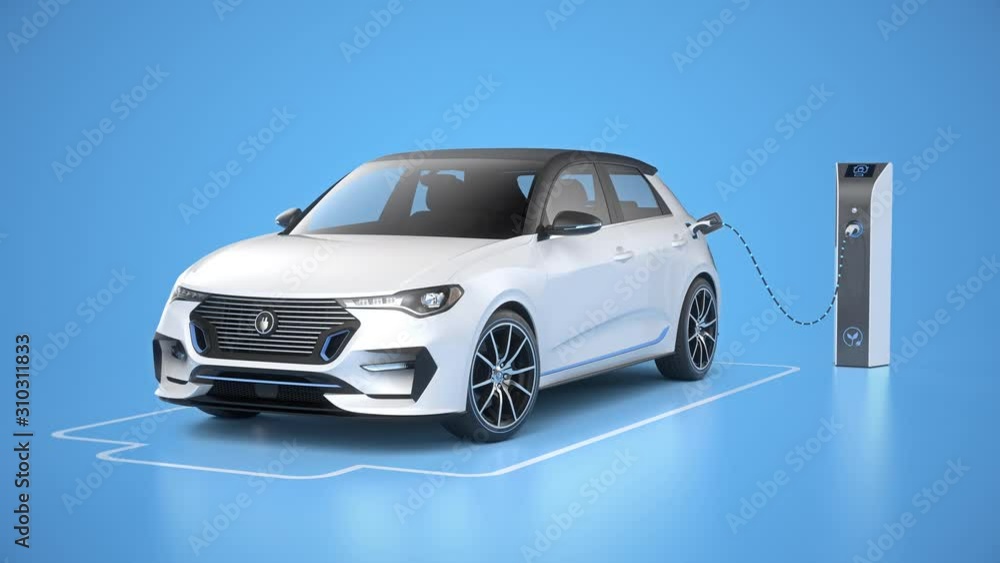 Generic electric self driving car charging in charging station on blue background. Battery graphic shows charging progress. Alternative energy and ecology concept. Realistic high quality 3d animation. Generic electric self driving car charging in charging station on blue background. Battery graphic shows charging progress. Alternative energy and ecology concept. Realistic high quality 3d animation.
