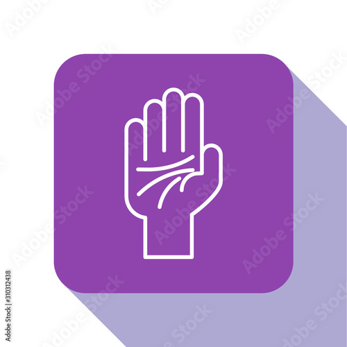 White line Palmistry of the hand icon isolated on white background. Purple square button. Vector Illustration