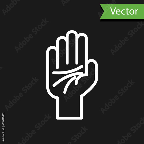 White line Palmistry of the hand icon isolated on black background. Vector Illustration