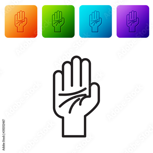 Black line Palmistry of the hand icon isolated on white background. Set icons in color square buttons. Vector Illustration