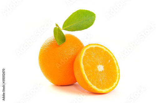 Orange fruits with leaf isolated on white background. Citrus fruit, vitamin C.