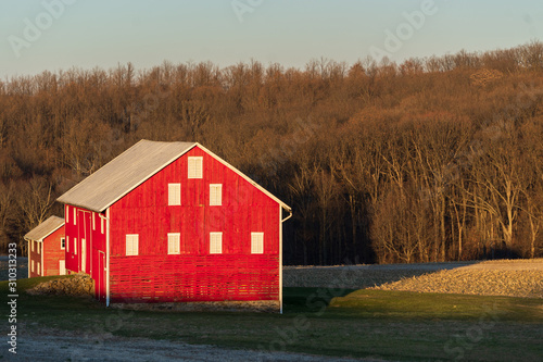 Red Barns and Farm Fields in a Winter Sunset
