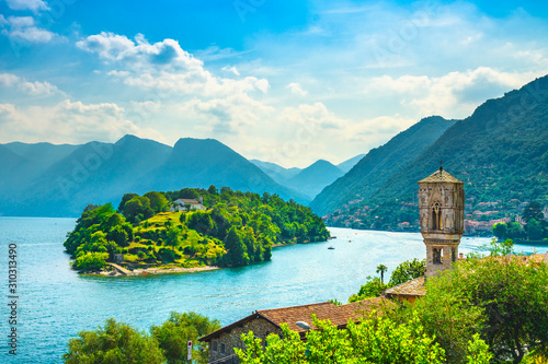 Comacina island and Santa Maria church. Ossuccio Tremezzina, Como Lake. Italy.