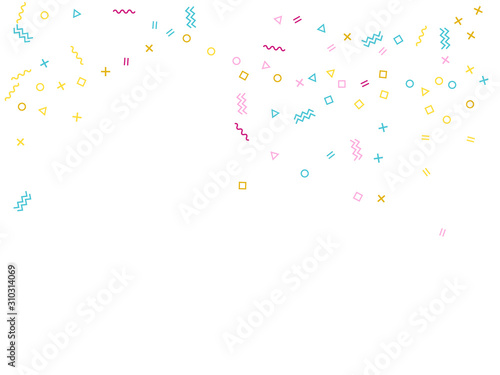 Retro 90s style memphis party confetti falling on white.