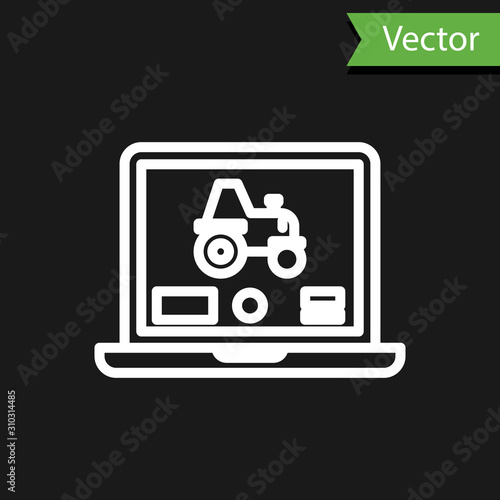 White line Laptop application for control a autonomous tractor on a smart farm icon isolated on black background. Smart agriculture implement. Vector Illustration