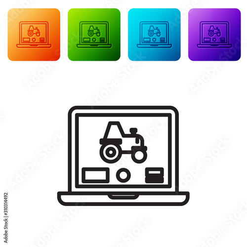 Black line Laptop application for control a autonomous tractor on a smart farm icon isolated on white background. Smart agriculture implement. Set icons in color square buttons. Vector Illustration