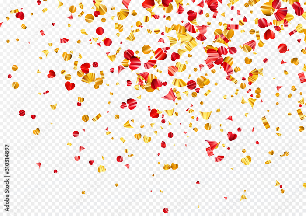 Gold and red foil confetti isolated on a transparent white background. Festive background. Vector illustration