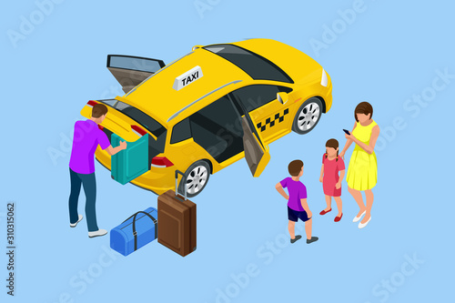 Isometric Ordering Online Taxi and Call a taxi online, mobile application concept for landing page. Street traffic, parking, city transport, GPS route point pins on smartphone and touchscreen